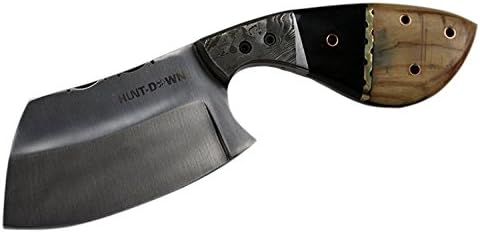 HUNT-DOWN 9" Huntdown Full Tang Hunting Knife with Damascus Engraved Handle and Leather Sheath