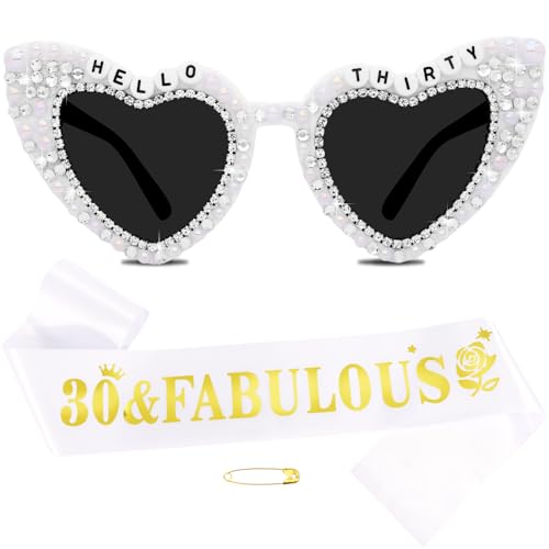 30th Birthday Decorations for Women，Hello Thirty Birthday Sunglasses and Sash Set for Bday Dress Outfit Deocr Accessories Gifts