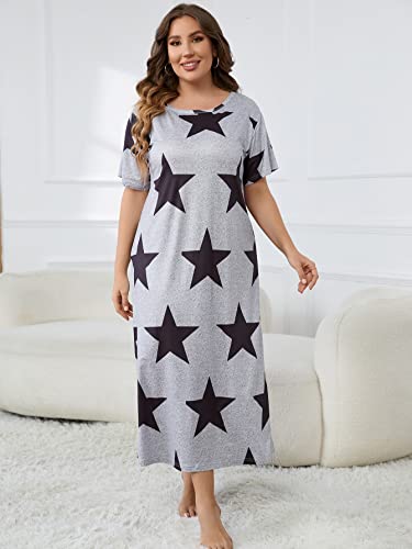 Oyoangle Women's Plus Size Star Print Nightdress Short Sleeve Round Neck Sleepshirt Grey 3Xl #TOP4