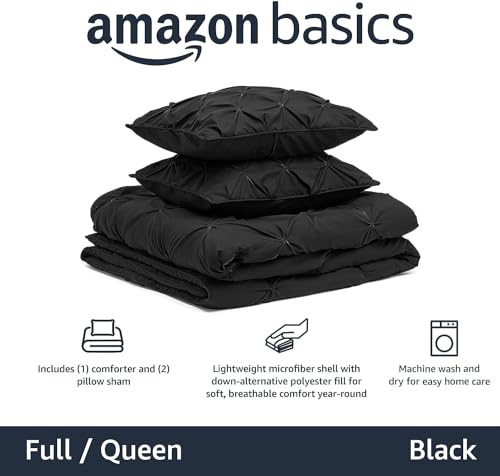 Image of Amazon Basics 3-Piece All-Season Soft Down-Alternative Comforter Bedding Set, Pinch Pleat Design with Piped Edges, Full /Queen, Black