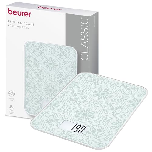 Beurer KS 19 Vintage balanza de cocina digital, capacidad de hasta 5 kg (división precisa de 1 g), báscula doméstica con sensor táctil, báscula para alimentos incl. pilas, ultrafina, diseño vintage