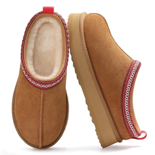 KIDMI Genuine Suede Platform Slippers for Women Fuzzy Winter Warm Shoes Indoor Outdoor, Chestnut 39