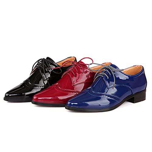 Aimodor Womens Wingtip Oxford Flat Heel Patent Leather Shoes Pointed Toe Lace Up Pumps 8,Royal Blue #TOP7