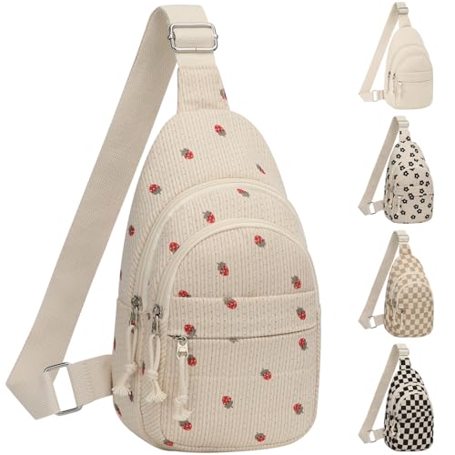 ELONGRIVER Corduroy Small Crossbody Bags for Women Teen Girls Trendy Cute Sling Bag for Girls Travel Hiking Beige Strawberry