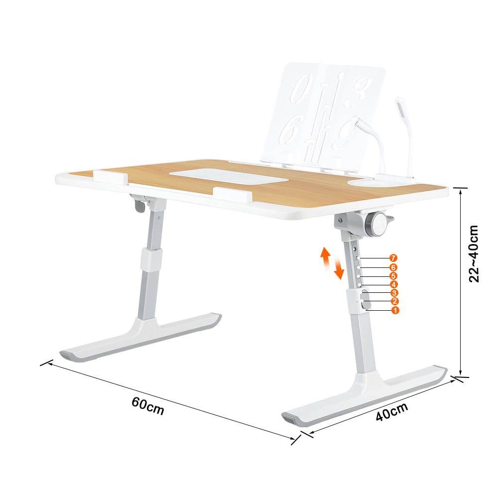 Tavolo da letto per computer portatile, supporto per computer regolabile in altezza e angolo, piano letto con cassetti e porte USB, ventilazione, pieghevole, reclinabile (60 x 40 x 40 cm, porta libro)