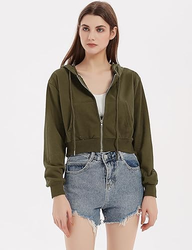 Image of Casual Wear Solid Crop Zipper Jacket Hooded Neck Full Sleeves with Kangaroo Pocket Hoodie for Women