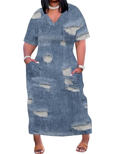 Image of SUZONANA Plus Size Denim Print Maxi Dresses for Women Casual V Neck Short Sleeve with Pockets Soft Jean Look Dress XL-6XL