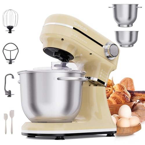SUNCOK Batidora Amasadora 1500W, 2 Cubetas de Acero Inoxidable (4,5L/5,5L), 12 Velocidades, Fermentación/Calentamiento, Báscula, Temporizador, Bajo Ruido, 3 Accesorios de Mezcla (B03B, B03B blanco)