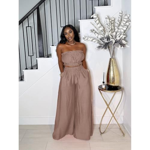Image of Two Piece Sets for Women Summer Outfits Crop Tops and Wide Leg Pants Sets Sexy Jumpsuits Vacation Outfits with Pockets