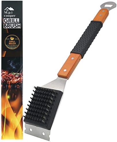 M.P.I cooper Grill Cleaning Brush and Scraper, Best BBQ Wire Bristles Brush for Grill Cleaning, Long Wooden Rubber Handle for Comfortable Safe and Strong Grip with Bottle Opener Tool