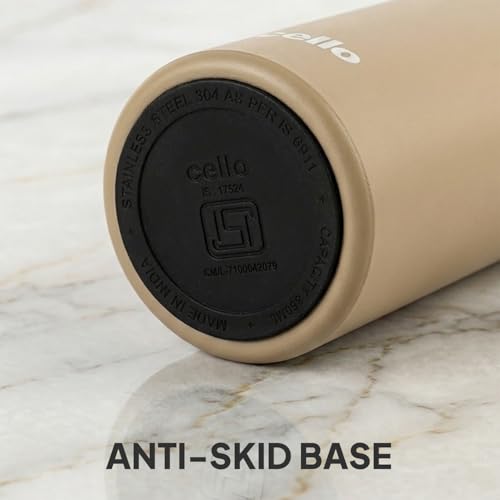 Image of CELLO Duro Kent Gen-X Stainless Steel Flask 520ml Beige | Wide Mouth with Carrying Loop, Leak Proof Double Wall Vacuum Insulated Hot and Cold Flask Water Bottle For Office Gym Biking Outdoor Hydration