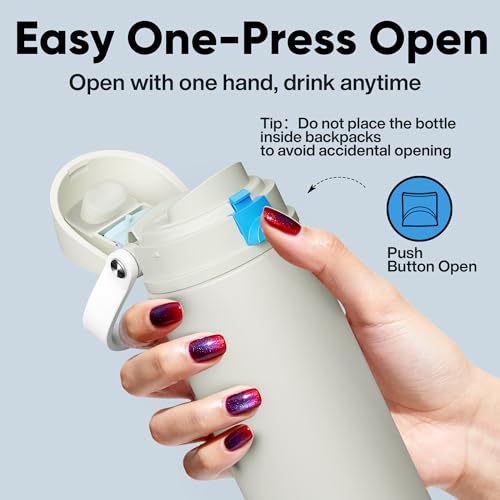 Image of Insulated Water Bottle with Straw - Encool Stainless Steel Water Bottle with Push Button Lid, Leak-Proof & BPA-Free, Keeps Cold for 24 Hours for Sports, Travel, Gym (24 oz, Kangaroo Grey)