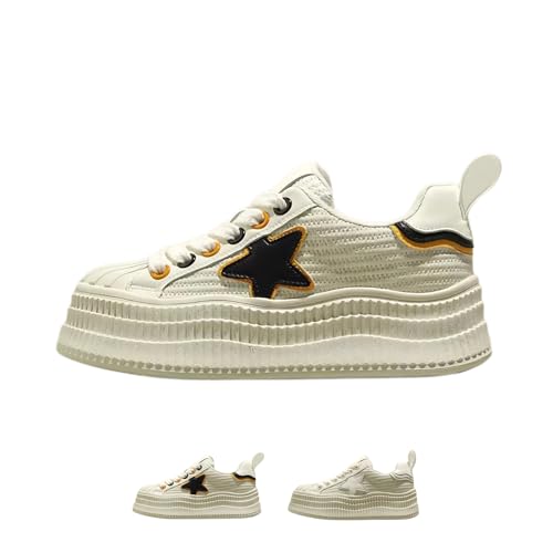 ACARITOUCH Women‘s Platform Sneakers Off-White Retro Star Chunky Shoes Height-Boosting