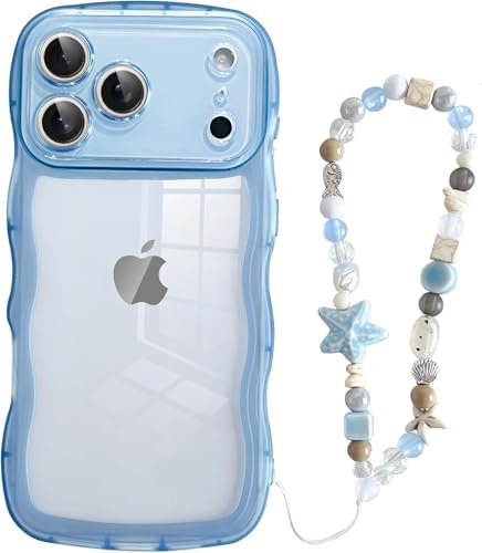 Jmltech for iPhone 17 Pro Max Case Wavy Clear Glitter Sparkle Butterfly Silicone Girly Cute Women Wave with Beaded Phone Strap Charms Turquoise Wristlet Heart Shockproof Protective Phone Cases Pink