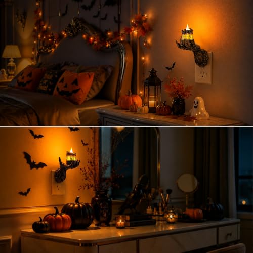 Image of Briignite Halloween Night Light, Gothic Hand Candle Night Light, Amber | Spooky night lights plug into wall with flickering flame, dimmable, 2 light modes /flame modes for Halloween decor and parties