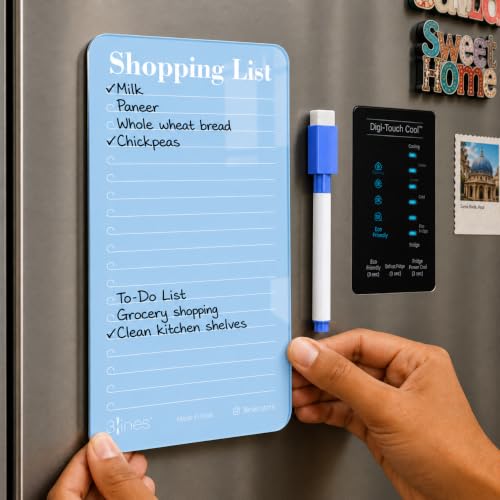 Image of 3 Lines Acrylic Magnetic Shopping List Notepad for Fridge │ to-Do List & Meal Planner │ Dry Erase Marker Included │ Kitchen Organisation │ 12 x 24 cm | Blueberry Color | Large
