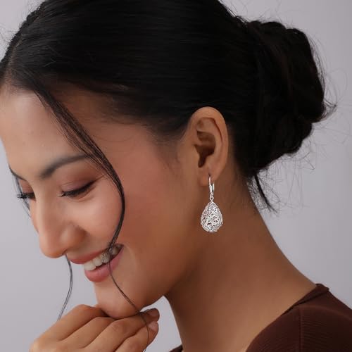 Image of TRUESILVER ACPL 925 Sterling Silver Filigree Drop Earrings for Women & Girls | Elegant Dangle Leverback Earrings | Stylish Everyday & Gift Jewelry