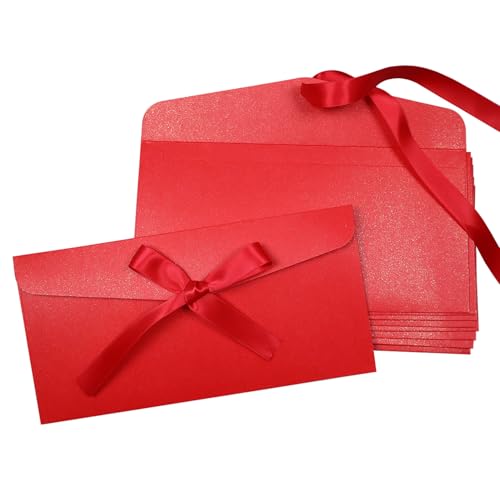 BINLINHONGO リボンリボンクラフト紙封筒 10枚 厚手の真珠光沢カラー封筒 グリーティングカード用 フェスティバル用品 誕生日パーティー 結婚式の招待状 レッド