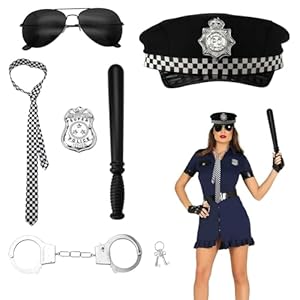 UOCAI Polizei Kostüm Erwachsene, 6Pcs Polizei Kostüm Damen Herren mit Handschellen Polizeimütze Polizeimarke, Halloween Kostüm
