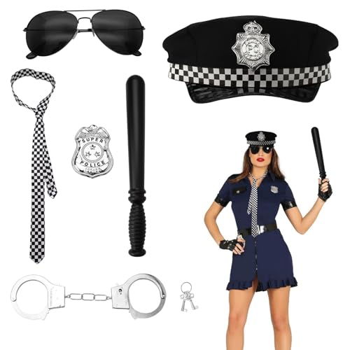 UOCAI Polizei Kostüm Erwachsene, 6Pcs Polizei Kostüm Damen Herren mit Handschellen Polizeimütze Polizeimarke, Halloween Kostüm