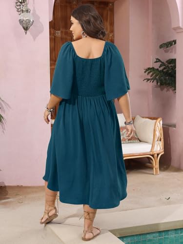 Image of SCOMCHIC Plus Size Summer Dress Casual Short Sleeve Bow Tie Deep V Neck Smocked Button Down Midi Flowy A-line Boho Dresses