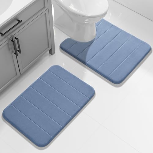 Image of Yimobra U-Shaped Toilet Bath Mat Set 2 Piece - Soft Absorbent Quick Dry Memory Foam Bathroom Rugs, Machine Washable Non Slip Floor Carpet for Tub Shower & Single Sink (17x24 & 24x20, Denim Blue)
