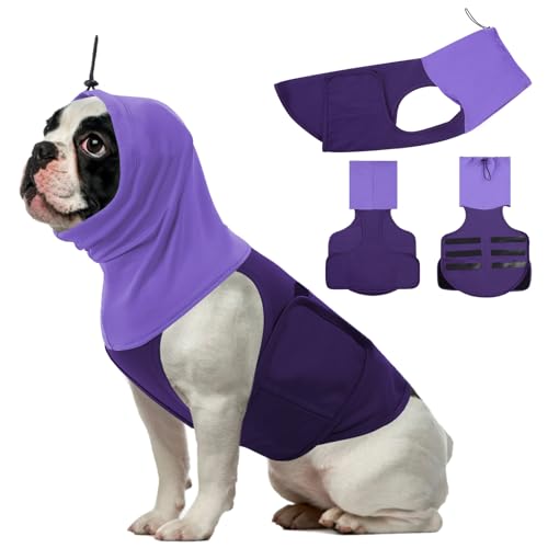 Image of SAWMONG Dog Anxiety Vest, Breathable Calming Shirt Adjustable Chest & Hood for Dogs, Pet Stress Relief Calming Coat Wraps Ears for Noise, Thunderstorms, Fireworks and Separation Puppy(Purple, Small)