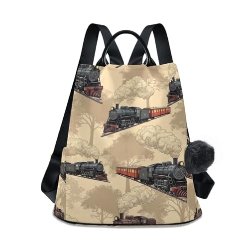 Sac à dos vintage femme antivol chic avec pompon et motif locomotives