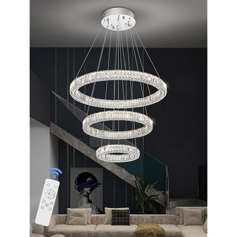 Flashing God Crystal Chandeliers Modern 3 Rings Pendant Light Adjustable High Ceiling Chandelier for Living Room Dining Room Foyer Entryway (D16+D24+D32) Cover