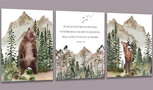 Image of 3 PCS Inspirational Wall Art Nursery Decor Christian Mountain Bear Deer Wall Decor Unframed Positive Religious Bible Verse Posters Prints Paintings Artwork for Home Boys Room Bathroom Bedroom 8x10 In