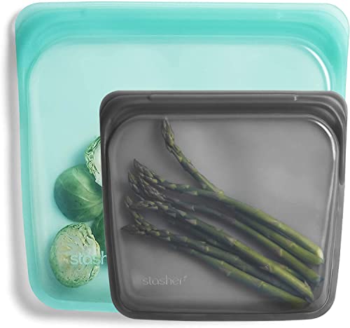 Stasher Silicone Reusable Storage Bag, 2 Sandwich (Aqua + Ash) | Food Meal Prep Storage Container | Lunch, Travel, Makeup, Gym Bag | Freezer, Oven, Microwave, Dishwasher Safe, Leakproof #TOP8