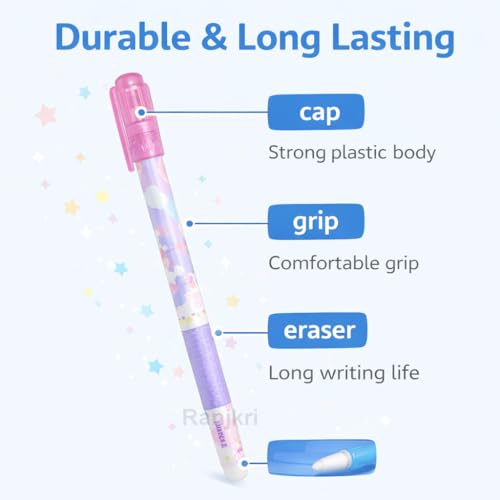 Image of 12 Pcs Unicoorn Theme Erasable Gel Pens Set for Kids & Students | 0.5mm Smooth Writing Blue Ink | Cute Kawaii School Stationery | Write Erase Rewrite Pens with Storage Box for School