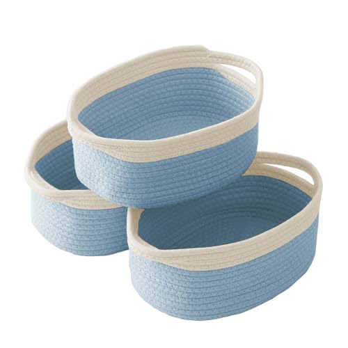 Image of JMvicyroam Small Woven Basket, Empty Gift Basket, White&Blue /3 Pack | Small Gift Basket, Cotton Rope, 12 x 8 x 65 in, Handles, Includes Ribbon and Bag, Birthday Gift Basket