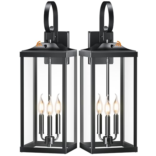 Image of 24 inch Extra Large Dusk to Dawn Exterior Lighting Fixtures, Front Porch Lights | Waterproof Outdoor Wall Lights Exterior Lighting Fixtures, Rust Proof Outside Wall Lanterns 3-Light for Garage, Black, 2-Pack