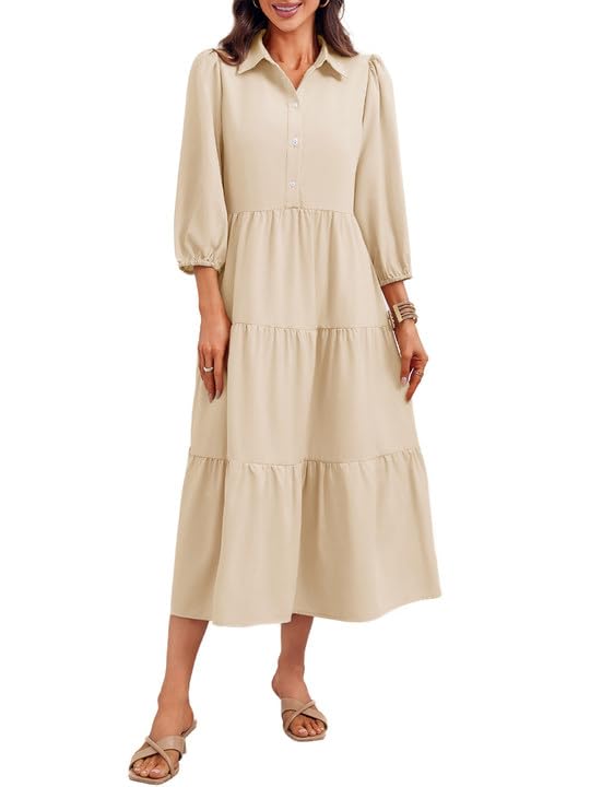 Image of Wenrine Womens Casual 3 /4 Sleeve Shirt Dress Button Down V Neck Tiered Collared Flowy Maxi Dress
