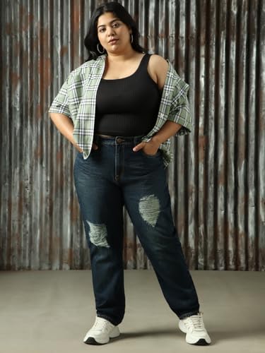 Image of High Star Women Cotton Washed Mom Fit Casual High-Rise Jeans