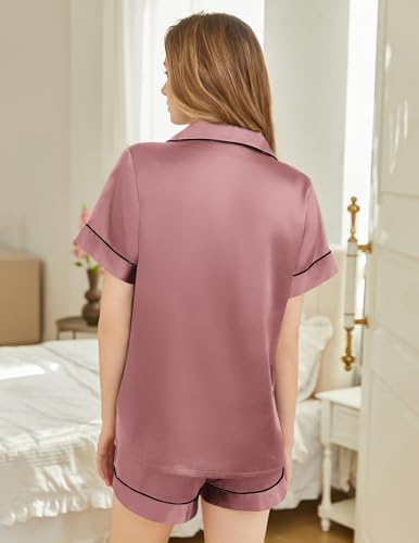 Image of Silk Pajamas for Women Short Sleeve Sleepwear Soft Button Down Loungewear 2 Piece Satin Pjs Shorts Set S-XXL