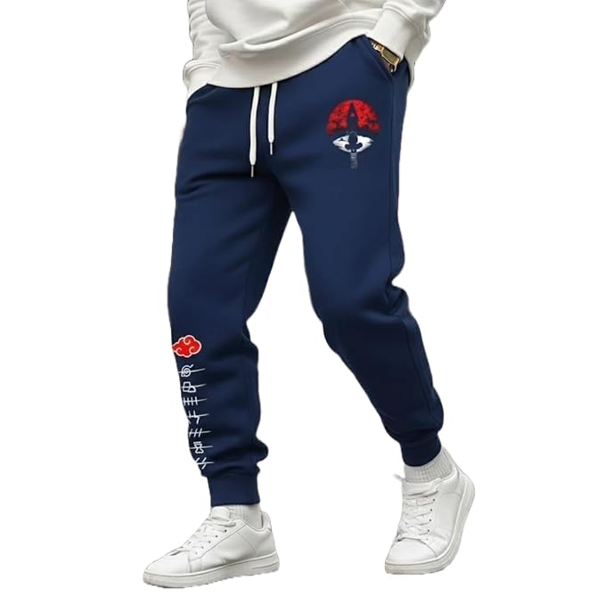 moonshine Anime Inspired Joggers with Four Way Stretch, Black Sweatpants with Red Moon and Symbol Graphics (in, Alpha, L, Regular, Blue)-picture-30