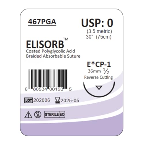 Image of ELISORB Suture with Reverse Cutting Needle, 12 Pack. Sutures for Surgical Wound Training Students, Practice and Educational Use. Multifilament Absorbable Material 0 PGA, 30 inch, CP1, Violet 467PGA