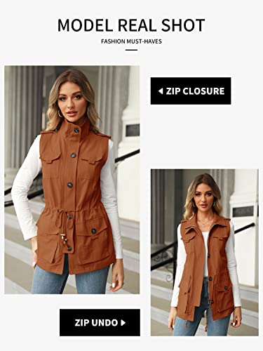 Koodred Colete utilitário militar casual feminino, leve, sem mangas, com cordão, com bolsos, Marrom,