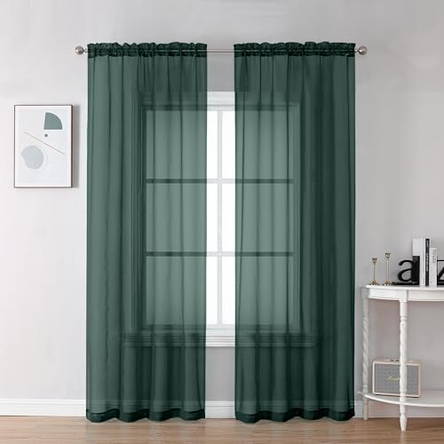 Image of Chyhomenyc Hunter Green Sheer Curtains 78 Inches Long 2 Panels Set for Living Room, Light Filtering Voile Lightweight Bedroom Curtains, Rod Pocket Solid Window Treatment Drapes, Each 42W x 78L