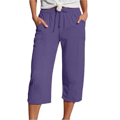 Capris Pants for Women Cotton Linen Casual Summer 2025 Wide Leg Loose Comfy Drawstring Elastic Waist Cropped Trousers A05-Light Purple XXL