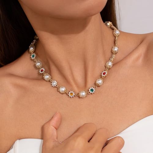 IOETSEUT Damen Halskette Schwester Halskette Elegante Imitation Perle Perlen Kette Halskette für Frauen Halsband Ehe Braut Goth Strass Halsband Party Schmuck Geschenke Neue Mädchen Geschenke