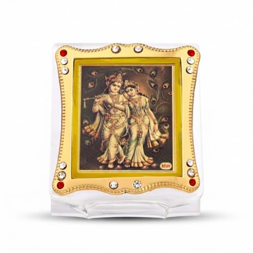 Image of Golden Foil (Plated) Radha Krishna Idol for Car Dashboard Religious Frame for Pooja, Prayer and Gift