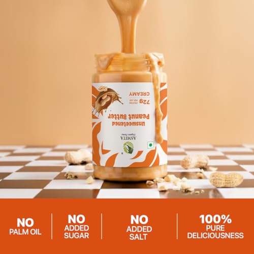 Image of Asmita Organic Farms Creamy Peanut Butter Unsweetened 325g | Made with Roasted Peanuts | No Added Sugars or Salt | High Protein Spread | Cholesterol & Trans Fat Free | Healthy Breakfast Spread