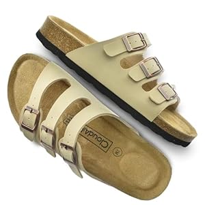 CLOUDAIR Ruth Sandals, Women’s Slides with Arch Support, Suede Vegan Leather, Adjustable 3 Buckle Straps and Cork Footbed
