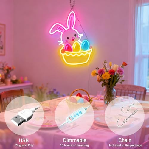 Image of Easter Egg Basket Neon Sign with Bunny - Rabbit Holding Basket Wall Decor, 10-Level Dimmable LED Light, USB Powered Easter Basket Stuffers Gift, 15.7 inchx12.6 inch