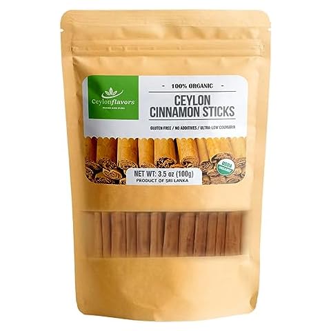 Ceylon Flavors organic Ceylon cinnamon sticks 3.5 oz (3 ") True Cinnamon, Premium Grade, Harvested & Packed from a USDA Certified Organic Farm in Sri Lanka (not cassia cinnamon) Cover