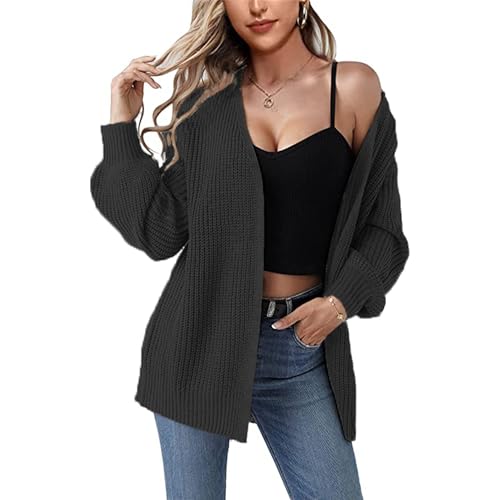 Women Long Sleeve Open Front Cardigan Casual Chunky Long Sweater Coat Loose Knit Solid Color Tops Outwear Jacket (X-Large,Black)