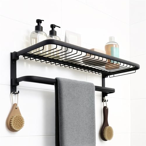 Image of Amazon Basics 24 Inch Foldable Aluminum Towel Rack for Bathroom | Wall Mounted Double Tier Towel Holder with Rod & Hooks | Rustproof